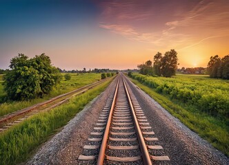Fototapeta premium The sun is slowly setting behind the distant train tracks in view