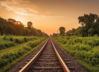 The sun is slowly setting behind the distant train tracks in view