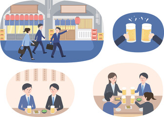 居酒屋で飲み会をする会社員のイラストセット