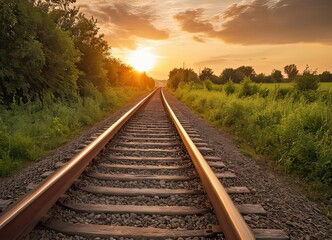 Fototapeta premium The sun is slowly setting behind the distant train tracks in view
