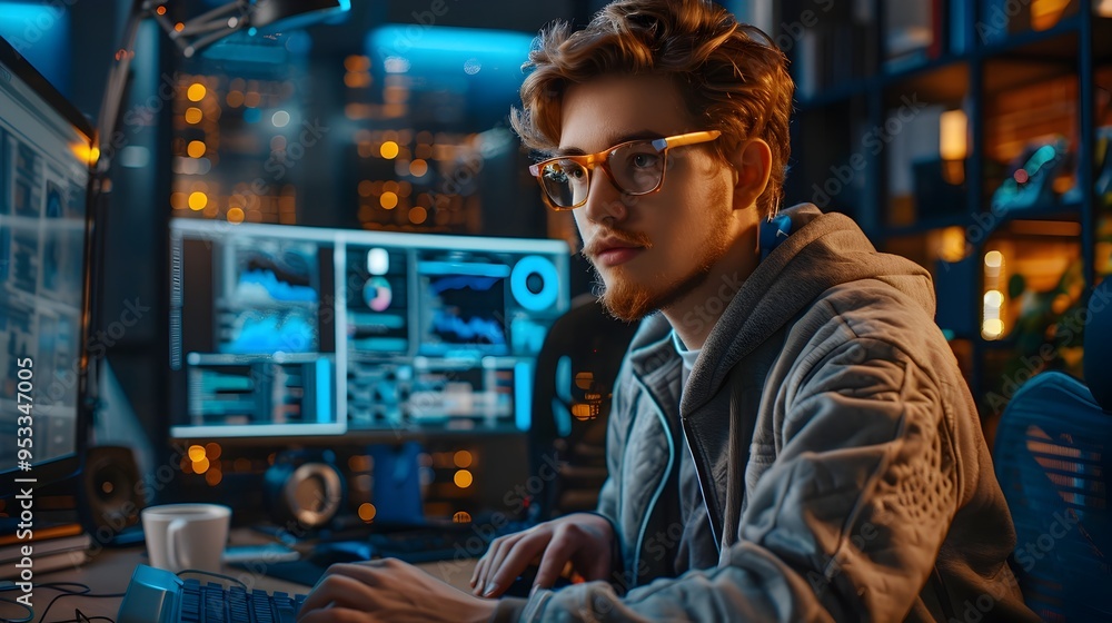 Poster quantum computing startup office with young engineers coding in modern innovative workspace
