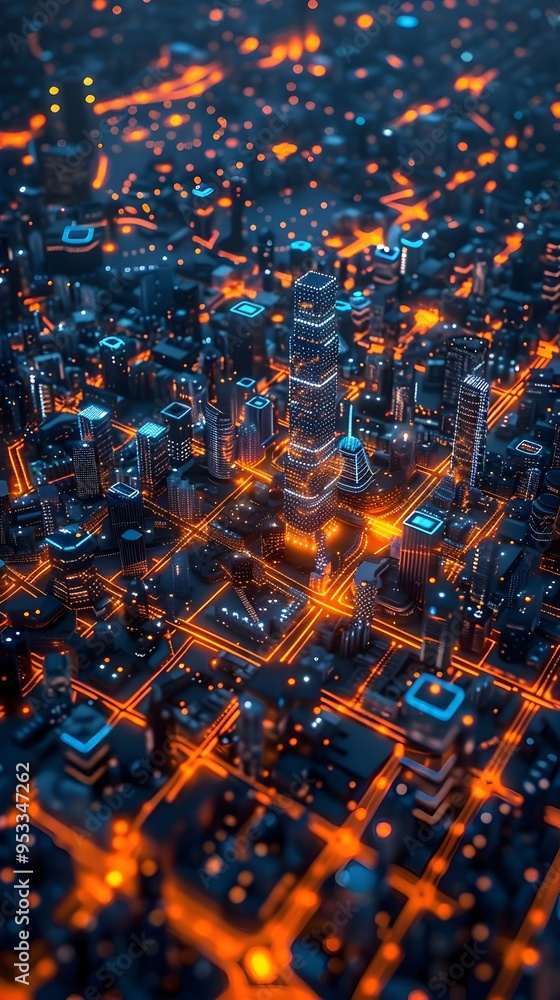 Poster futuristic quantum computing power grid optimization in smart city control center with holographic e