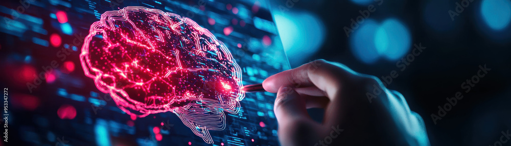 Poster artificial intelligence designing a website on a holographic display, futuristic design process, aid