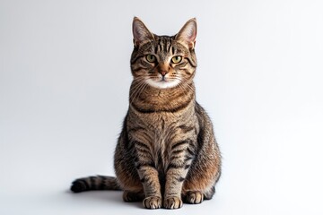 Fototapeta premium Studio portrait of a sitting tabby cat looking forward against a white backdground , ai