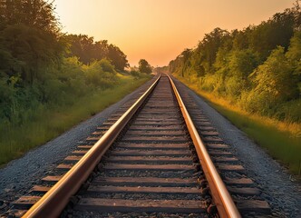 The sun is slowly setting behind the distant train tracks in view