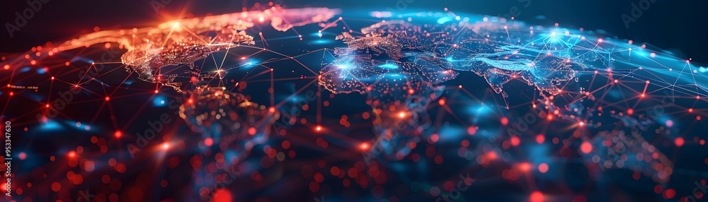 Poster quantum computing global impact interconnected world map data flowing through futuristic visualizati