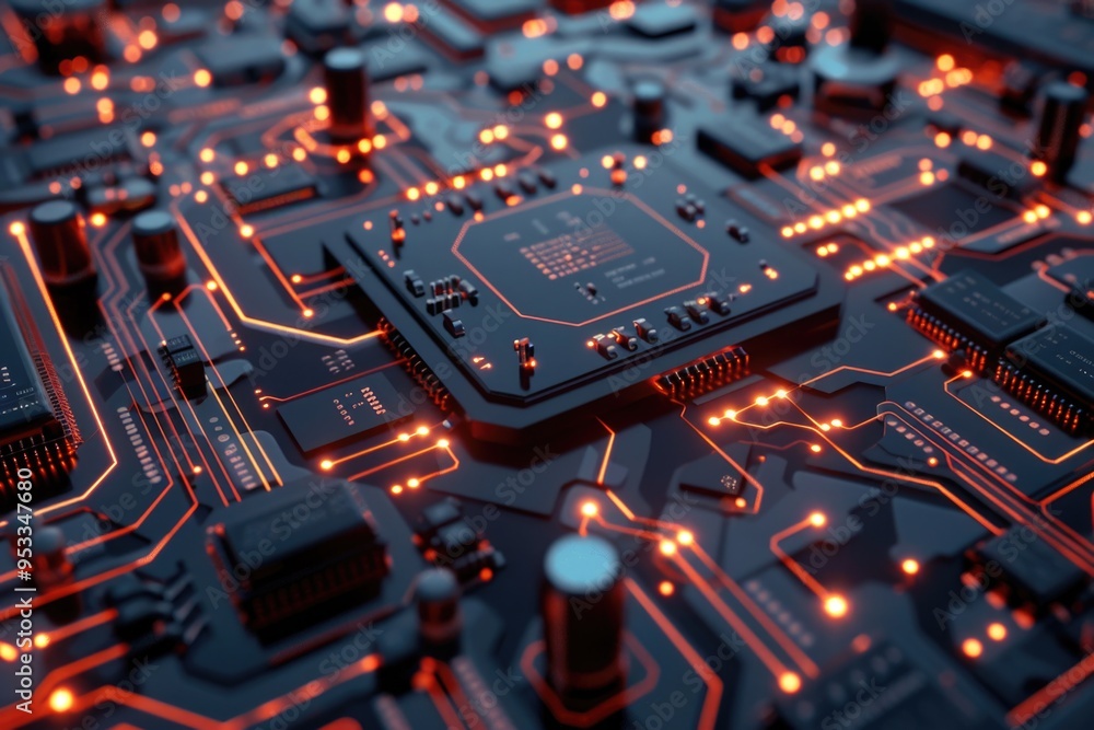 Poster a detailed view of a computer circuit board with various components and wires