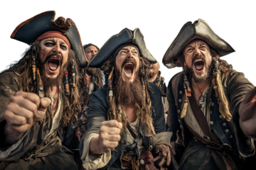 group of pirates shout looking at camera, 
