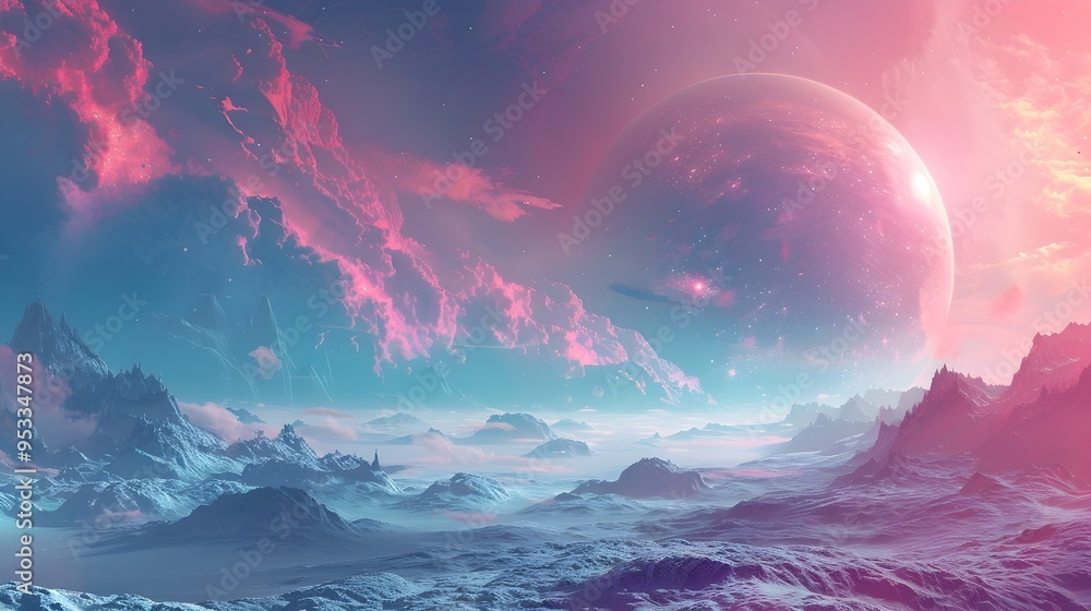 Poster sci fi digital landscape with distant planet and advanced structures in alien sky