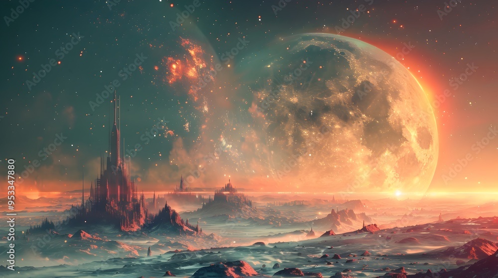 Poster futuristic sci fi digital landscape with distant alien planet and advanced technology structures
