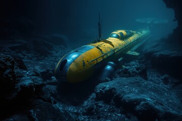 Yellow submarine is navigating through a dark and mysterious underwater landscape