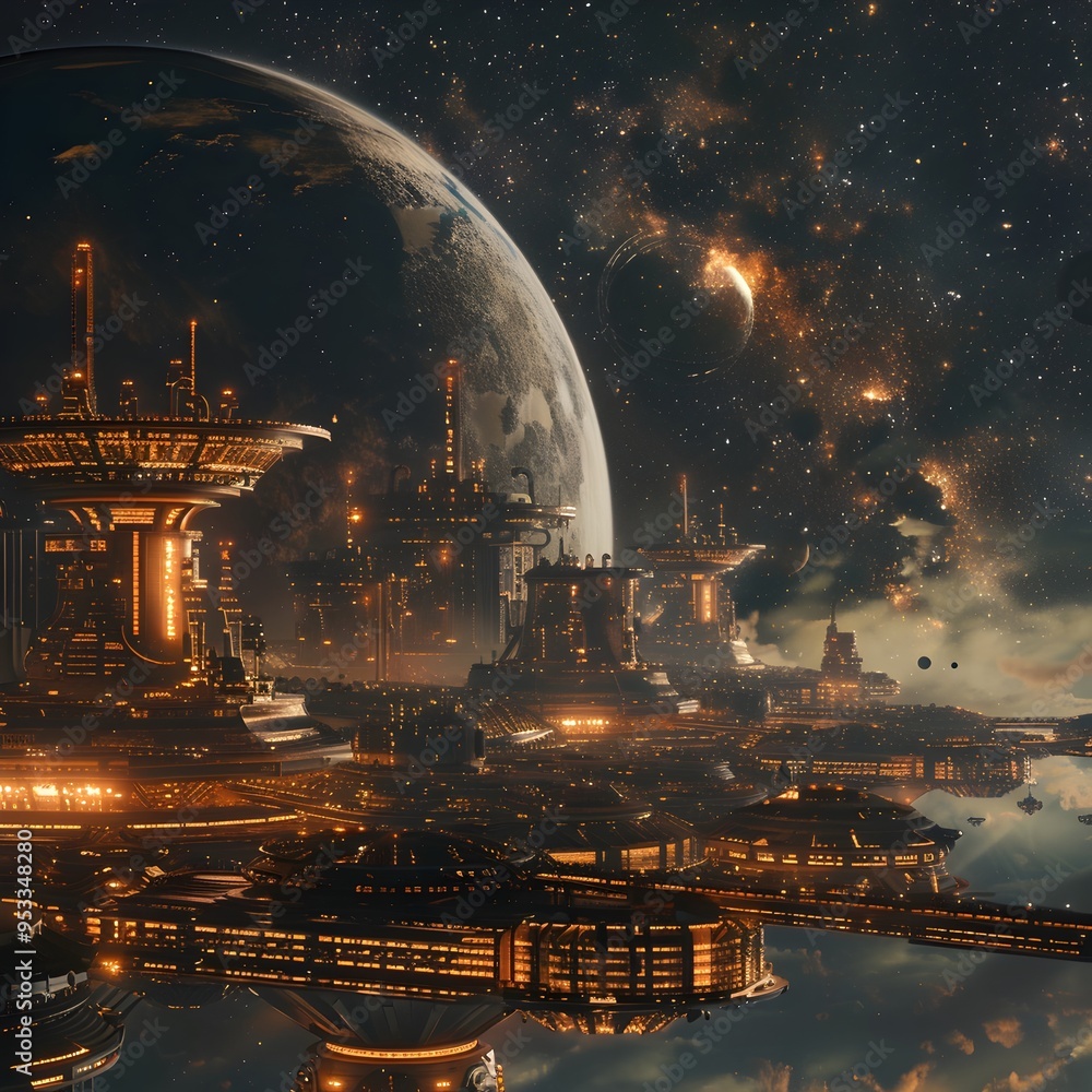 Poster futuristic space station orbiting a distant planet with detailed architecture and cosmic backdrop