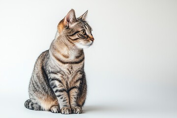 Studio portrait of a sitting tabby cat looking forward against a white backdground , ai