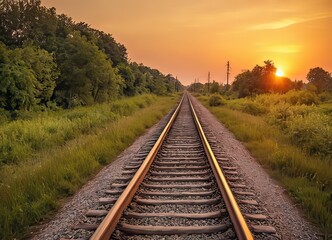 Obraz premium The sun is slowly setting behind the distant train tracks in view