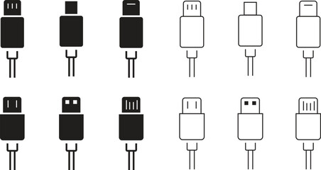 Set of USB cable flat, outline Icons. Electronic device input cable cords, internet charging wire signs, lightning micro USB types for mobile phone connector plug vectors on transparent background.