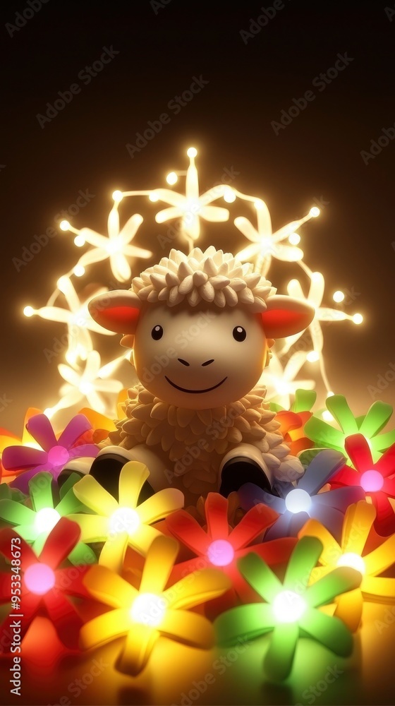 Sticker Cute Sheep Toy Surrounded by LED Flower Lights