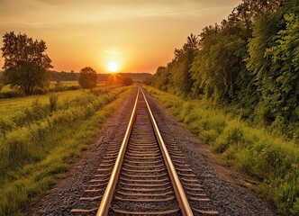 Obraz premium The sun is slowly setting behind the distant train tracks in view