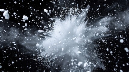 Snow explosion isolated on black background. Abstract dynamic cloud of white dust particles dispersing overlay design. Winter storm element creative collage.