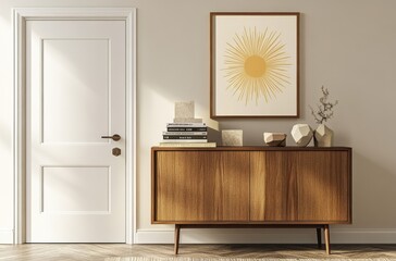 framed poster with yellow sun rays is placed on the sideboard of an elegant, modern living room in light tones