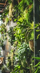 Obraz premium Vertical garden on a wall, emphasizing ecology and green technology. Indoor setting with natural lighting,