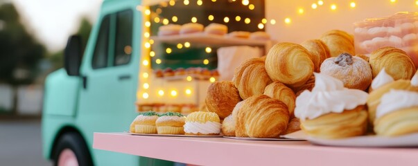 Bakery truck with a magical fantasy design, fairy lights, serving whimsical and dreamy pastries