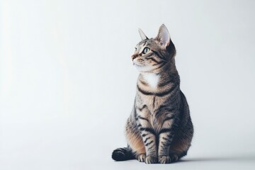 Studio portrait of a sitting tabby cat looking forward against a white backdground , ai