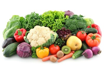 A colorful arrangement of seasonal produce on a white background, perfect for food photography or promotional materials