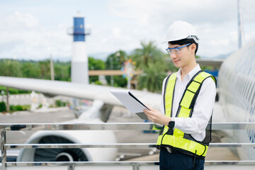 Male aviation engineer in safety gear inspecting an airplane engine, embodying professionalism