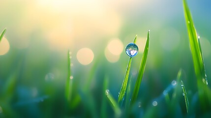 Fototapeta premium Dazzling Dew Droplet on Vibrant Green Leaf in Lush Garden