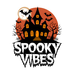 A spooky illustration featuring a haunted house, bats, and an eerie moon, perfect for Halloween themes and shadowy vibes.