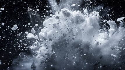 Snow explosion isolated on black background. Abstract dynamic cloud of white dust particles dispersing overlay design. Winter storm element creative collage.
