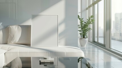 Bright and modern interior featuring a blank frame, sunlight streaming through large windows, and a stylish plant.