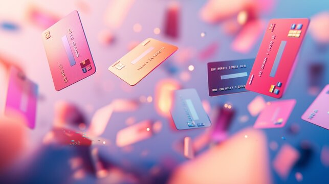 Floating credit cards on a dynamic, blurred pink and blue background. Modern finance and technology concept. - Powered by Adobe