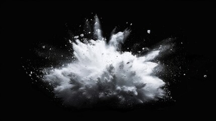 Snow explosion isolated on black background. Abstract dynamic cloud of white dust particles dispersing overlay design. Winter storm element creative collage.