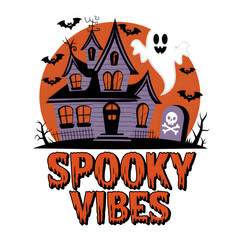 A whimsical Halloween design featuring a haunted house, ghost, and spooky elements, perfect for October festivities.