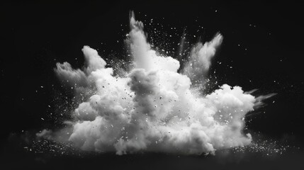 Snow explosion isolated on black background. Abstract dynamic cloud of white dust particles dispersing overlay design. Winter storm element creative collage.