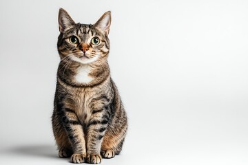 Obraz premium Studio portrait of a sitting tabby cat looking forward against a white backdground , ai