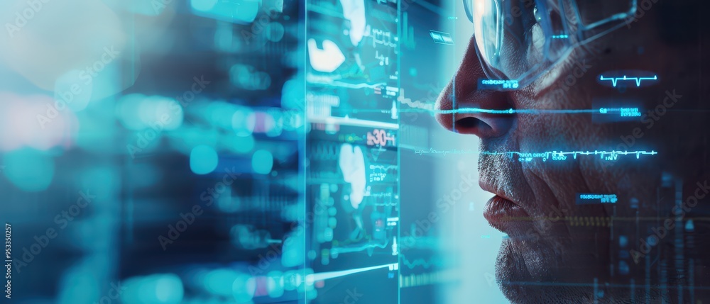 Poster close-up of a focused professional analyzing digital data on a transparent screen, showcasing techno