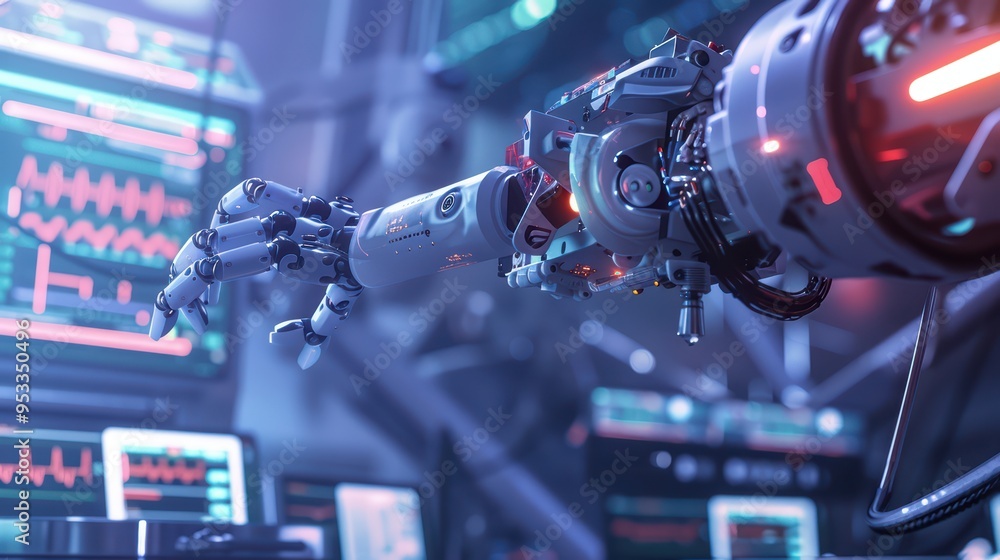 Poster close-up of a robotic hand interacting with digital interfaces in a high-tech environment, showcasin