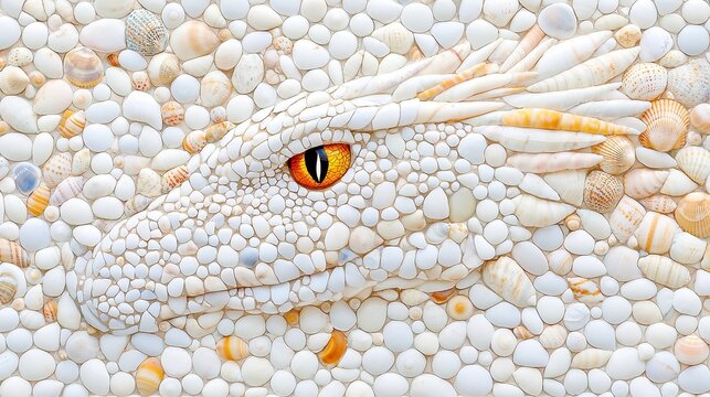 Coastal Dragon Mosaic, Intricate dragon design made from colorful stones and shells, perfect for enhancing coastal-themed decor with artistic flair and vibrant textures.