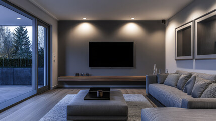 Modern minimalist living room interior with led lighting and neutral colors
