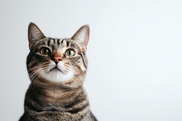 Obraz premium Studio portrait of a sitting tabby cat looking forward against a white backdground , ai