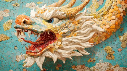 Fototapeta premium Stone Mosaic Dragon, Intricate dragon design intertwined with palm trees, a stunning piece of stone art enhancing interior spaces with a touch of fantasy and elegance.