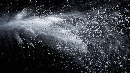 Snow explosion isolated on black background. Abstract dynamic cloud of white dust particles dispersing overlay design. Winter storm element creative collage.