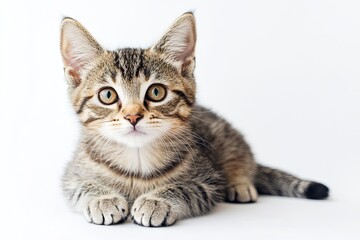 Obraz premium Studio portrait of a sitting tabby cat looking forward against a white backdground , ai
