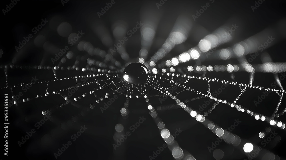 Poster single water droplet on a spiderweb with bokeh.