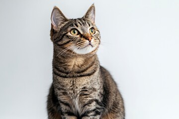 Studio portrait of a sitting tabby cat looking forward against a white backdground , ai