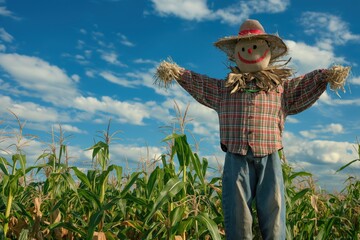 Cheerful scarecrow guards a cornfield on a sunny day, with a blue sky and fluffy clouds in the background, symbolizing traditional farming practices - Powered by Adobe