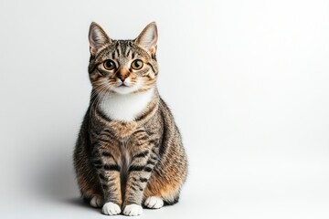 Obraz premium Studio portrait of a sitting tabby cat looking forward against a white backdground , ai