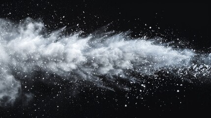 Snow explosion isolated on black background. Abstract dynamic cloud of white dust particles dispersing overlay design. Winter storm element creative collage.